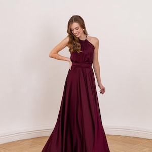 Długa sukienka maxi dla druhny, bordowa sukienka dla gościa weselnego, sukienka z dekoltem typu halter, sukienka koktajlowa, elegancka suknia wieczorowa bez rękawów, długa sukienka z rozcięciem
