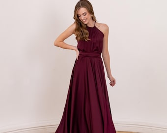 Maroon Bridesmaid Dress | Halter Neck Satin Dress | Burgundy Wedding Guest Dress | Flowy Evening Gown | Long Formal Dress
