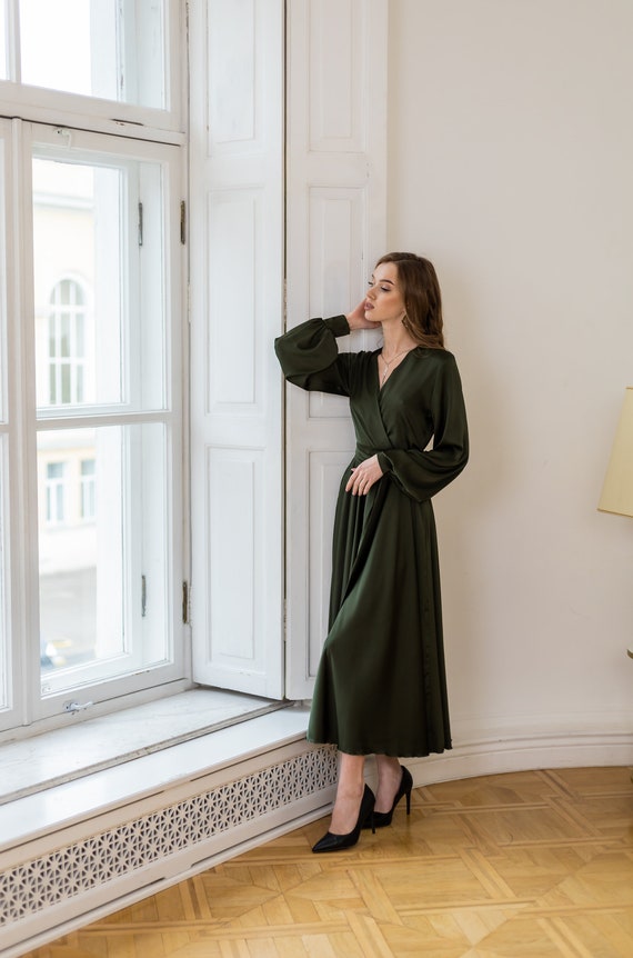 Silky Satin Faux Wrap Cocktail Dress for Wedding Guests Custom Measurements Olive Green Formal Dress Midi Cocktail Dress Etsy UK