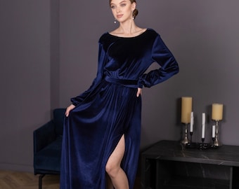 Abito in velluto blu Abito in velluto blu royal da donna Abito in velluto a maniche lunghe Abito in velluto infinito Abito da damigella in velluto blu navy Abito con schiena scoperta