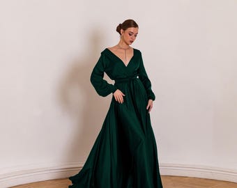Emerald Green Dress V-neck Long Sleeve Satin Dress Open Back Dress