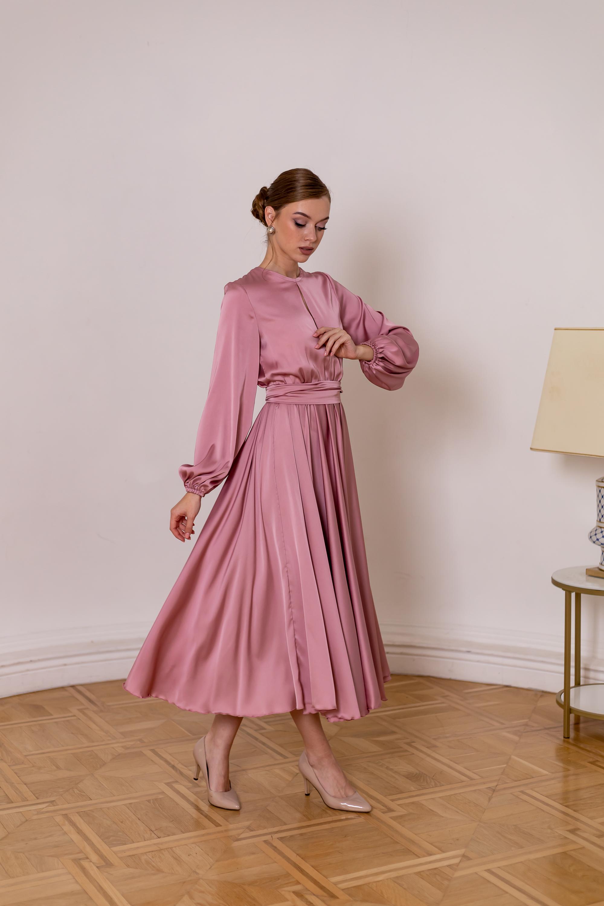 Rose Gold Midi Dress - Tea Length Bridesmaid Dress - Wedding Guest Dress Long Sleeve - Petite Evening Dress - Occasion Dress