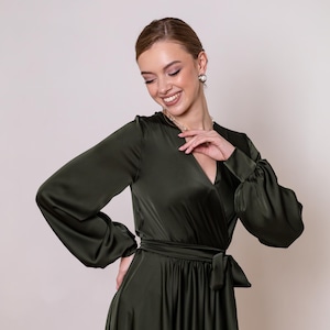 olive green tea length dresses Green Satin Floor Length Prom Dress, A-Line Puffy Short Sleeve Evening Party Dress US 16 / Dark Green main image 1