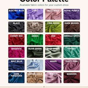 Pu&ograve; includere: Una tavolozza di colori per abiti personalizzati di Nika Studio Design, con ventiquattro campioni di tessuto in vari colori tra cui blu elettrico, lilla, oro rosa, viola reale, nero, tortora, verde lime, marrone scuro, rosso ciliegia, verde, rosso, verde smeraldo, magenta, verde oliva, verde salvia, tiffany, blu navy, azzurro cielo, uva, rosa antico, turchese scuro, oro marrone, malva e marrone scuro.