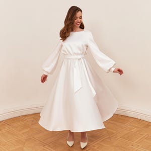 White Long Sleeve Satin Dress Boat Neck Midi Wedding Dress Simple Bridal Dress For Civil Wedding White Cocktail Dress With Sleeves