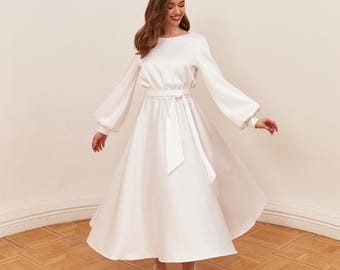 White Long Sleeve Satin Dress Boat Neck Midi Wedding Dress Simple Bridal Dress For Civil Wedding White Cocktail Dress With Sleeves