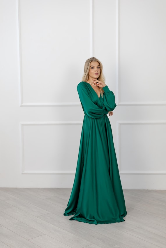 Emerald Green Bridesmaid Dress Long Sleeve Formal Dress Satin Open Back Dress Evening Gown With Sleeves Maxi Dress for Wedding Guest - Etsy Australia Emerald Green Bridesmaid Dress Long Sleeve Formal Dress Satin Open Back Dress Evening Gown With Sleeves Maxi Dress for Wedding Guest - Etsy Australia