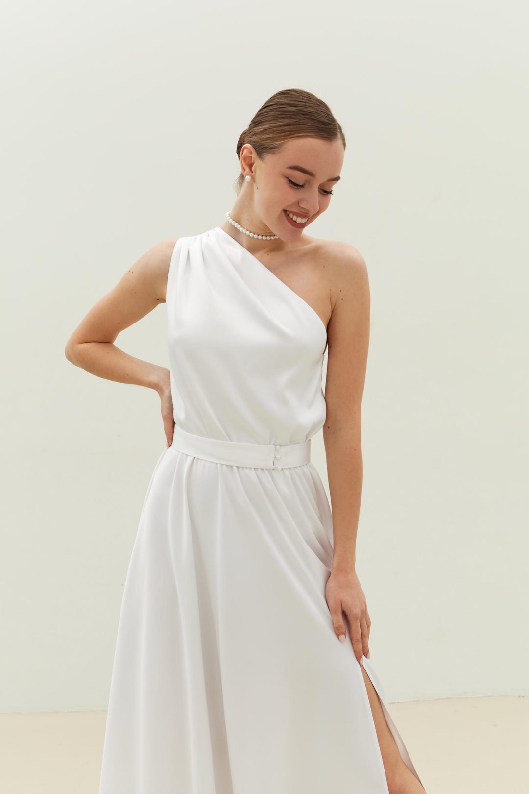 Monospalla Vestito Bianco Lungo Semplice SWEMILE Abito Da Sera