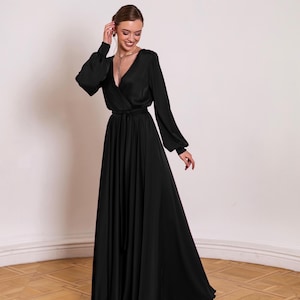 Black Satin Long Dress Maxi Dress For Woman Long Sleeve Cocktail Dress For Wedding Guest Low Back Evening Gown Long Sleeve Formal Dress