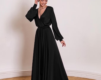 Black Satin Long Dress Maxi Dress For Woman Long Sleeve Cocktail Dress For Wedding Guest Low Back Evening Gown Long Sleeve Formal Dress