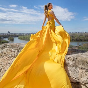 Flying dress Flowy dress Long flowy dress Yellow flying satin dress Flying dress for photoshoot Flowy maternity dress Long train dress image 3