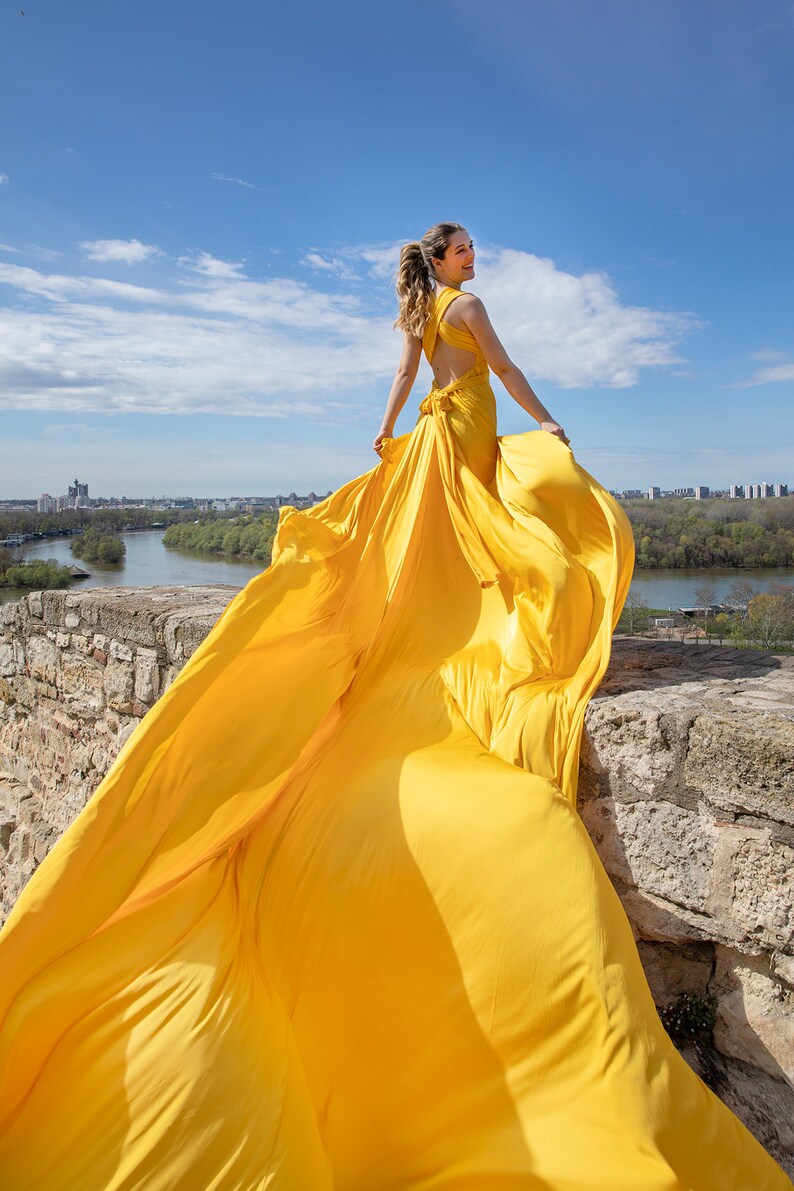 Flying dress Flowy dress Long flowy dress Yellow flying satin dress Flying dress for photoshoot Flowy maternity dress Long train dress image 3