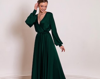 Emerald Green Dress V-neck Long Sleeve Satin Dress Open Back Dress Flowy Maxi Dress Cocktail Dress for Wedding Guest Reception Dress