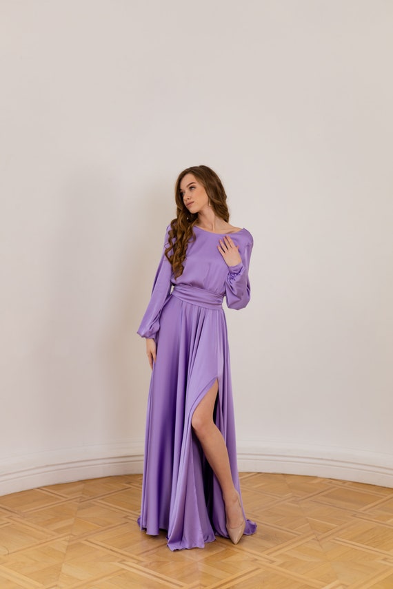 Purple Satin Maxi Dress Long Sleeve Bridesmaid Dress Evening Gown Open Back Dress Floor Length Dress Wedding Guest Dress Etsy