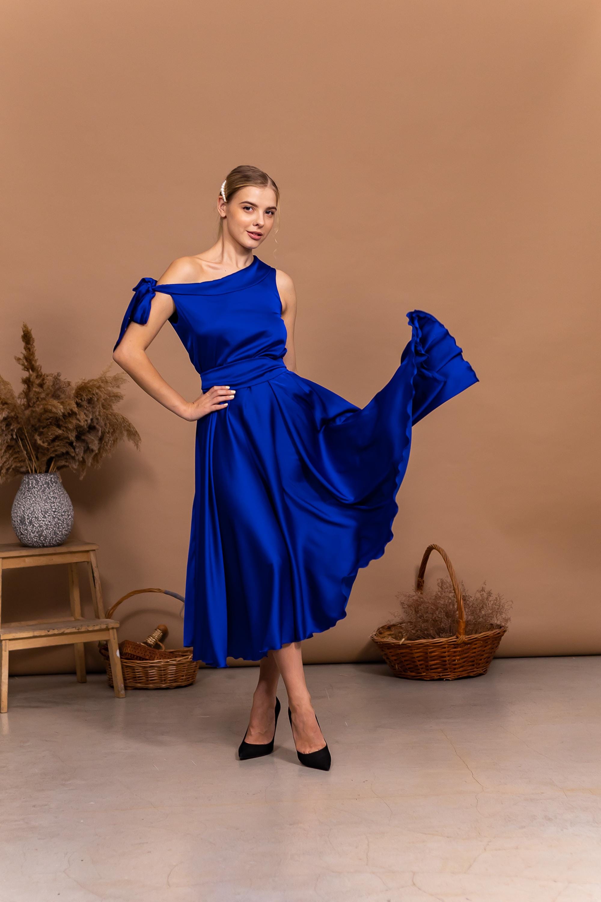 flowing cocktail dresses Electric Blue Dress Formal One Shoulder Dress Satin Bridesmaid Dress Dress for Wedding Guest Midi Evening Party Dress low hem adds flow Fiber Content:On a True Colors gown Purple black lace maxi dress GLS GS3685 Floral A