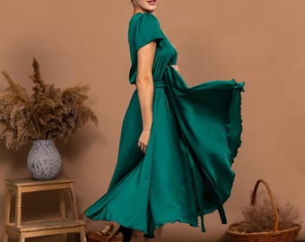 Suknia wieczorowa w kolorze szmaragdowej zieleni, sukienka dla matki panny młodej, sukienka koktajlowa z krótkim rękawem i długością do herbaty, ręcznie robiona sukienka midi, satynowa suknia dla gości weselnych