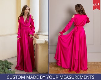 Magenta cocktail dress Evening dress Cocktail dress with sleeves Satin dress Satin long dress Pink satin dress Plus size formal dress