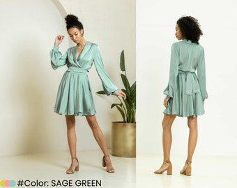 Robe courte en satin vert sauge - Robe de soirée avec taille élastique et ceinture séparée - Coupe personnalisée disponible - Robe d'invitée de mariage