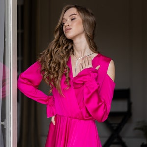 Magenta cocktail dress Evening dress Cocktail dress with sleeves Satin dress Satin long dress Pink satin dress Plus size formal dress