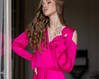 magenta cocktail dress with sleeves Magenta Pink Textured Woven Pleated Midi Dress - Women's Dresses
