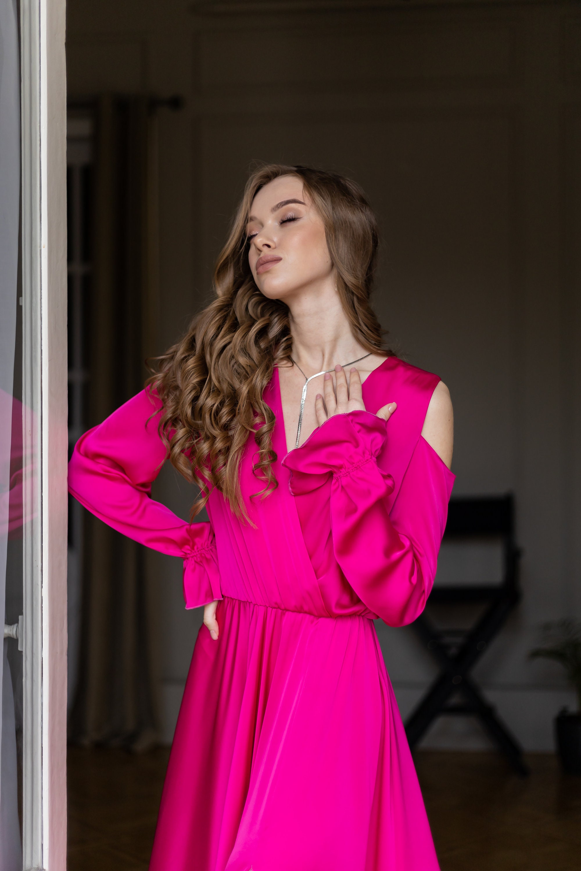 slim fit dress slacks Strapless Magenta Satin Formal Dresses Ruffle Ball Gown Corset Back 23 –  Viniodress main image 1