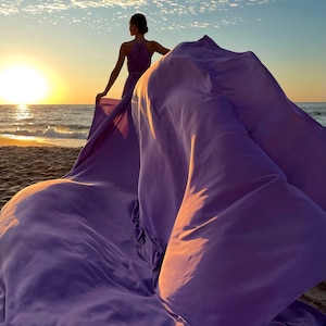 Flying dress for photoshoot Santorini flying dress Modest train dress Flowy satin dress Long tail dress Beach photoshoot dress Purple dress