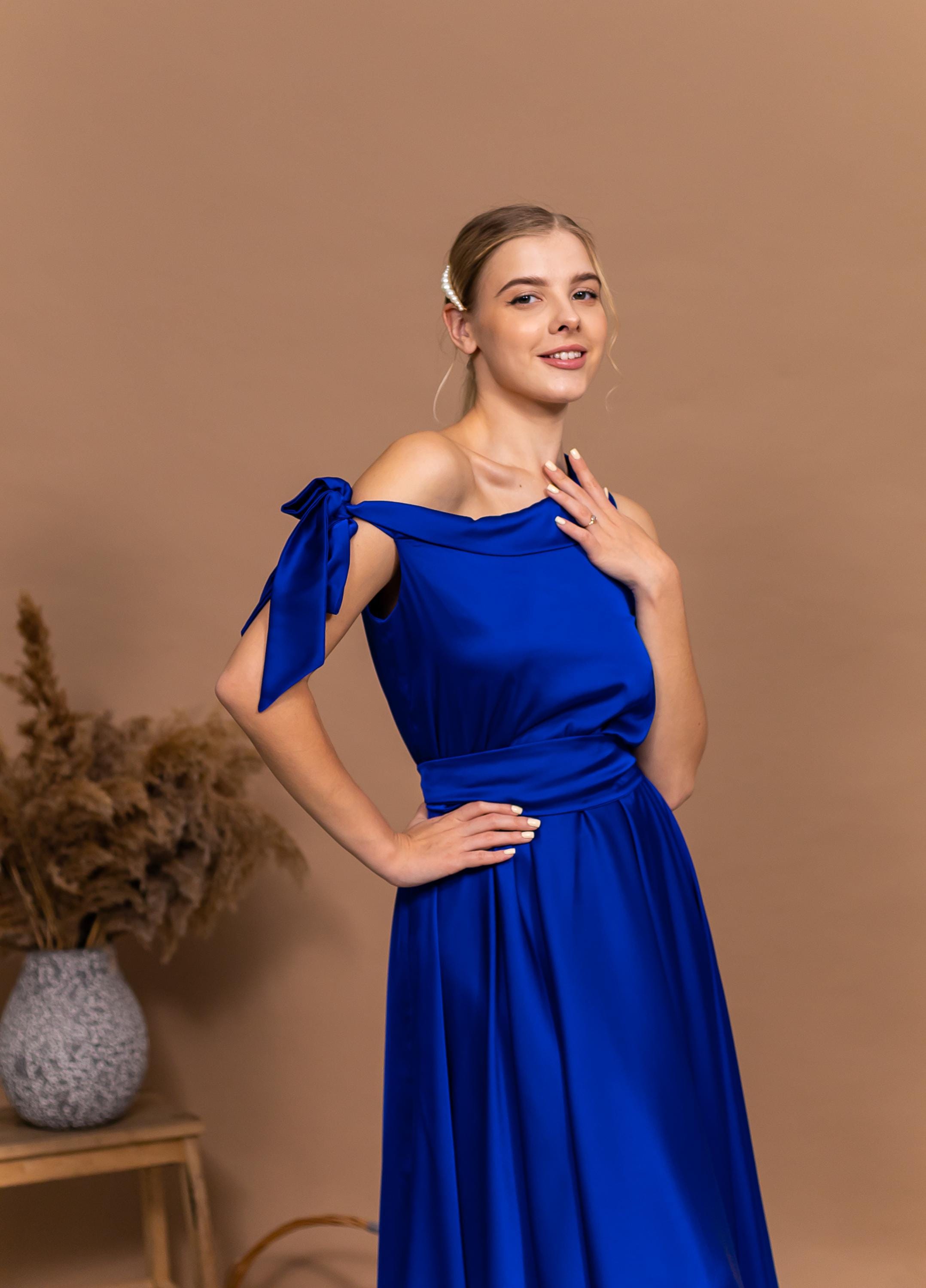 electric blue dress for wedding Flowing Formal One Shoulder Dress Satin Bridesmaid Dress Cocktail Dress Guest Midi Evening Party Dress Bonus detail 28/11/23 Star Black Wedding Dress, Color:Blue-Bronze