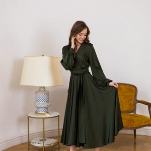 Cocktail dress for wedding guest Olive green satin dress Long sleeve dress formal Bridesmaid dress with sleeve New Year party dress