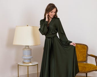 olive green satin wrap dress Dark olive dress, silk dress, wrap dress, bridesmaid dress, wedding guest dress, women dress, maxi dress, evening dress, long dress