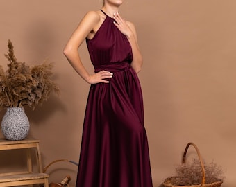 Sukienka z dekoltem halter, bordowa, satynowa, bez rękawów, zwiewna, szyta na miarę, sukienka dla druhny, formalna sukienka dla kobiet, wyjątkowa suknia wieczorowa dla gości weselnych