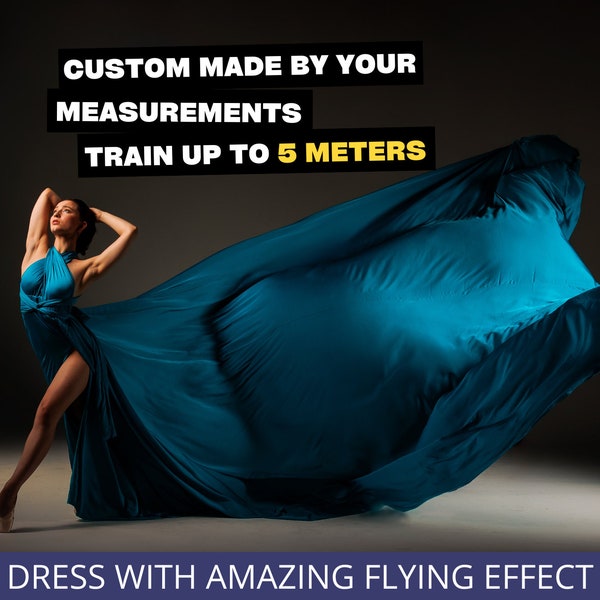 Flying dress Flowy dress for photoshoot Blue long train dress Satin dress with long train Santorini dress for flying photo shoot Flowy dress