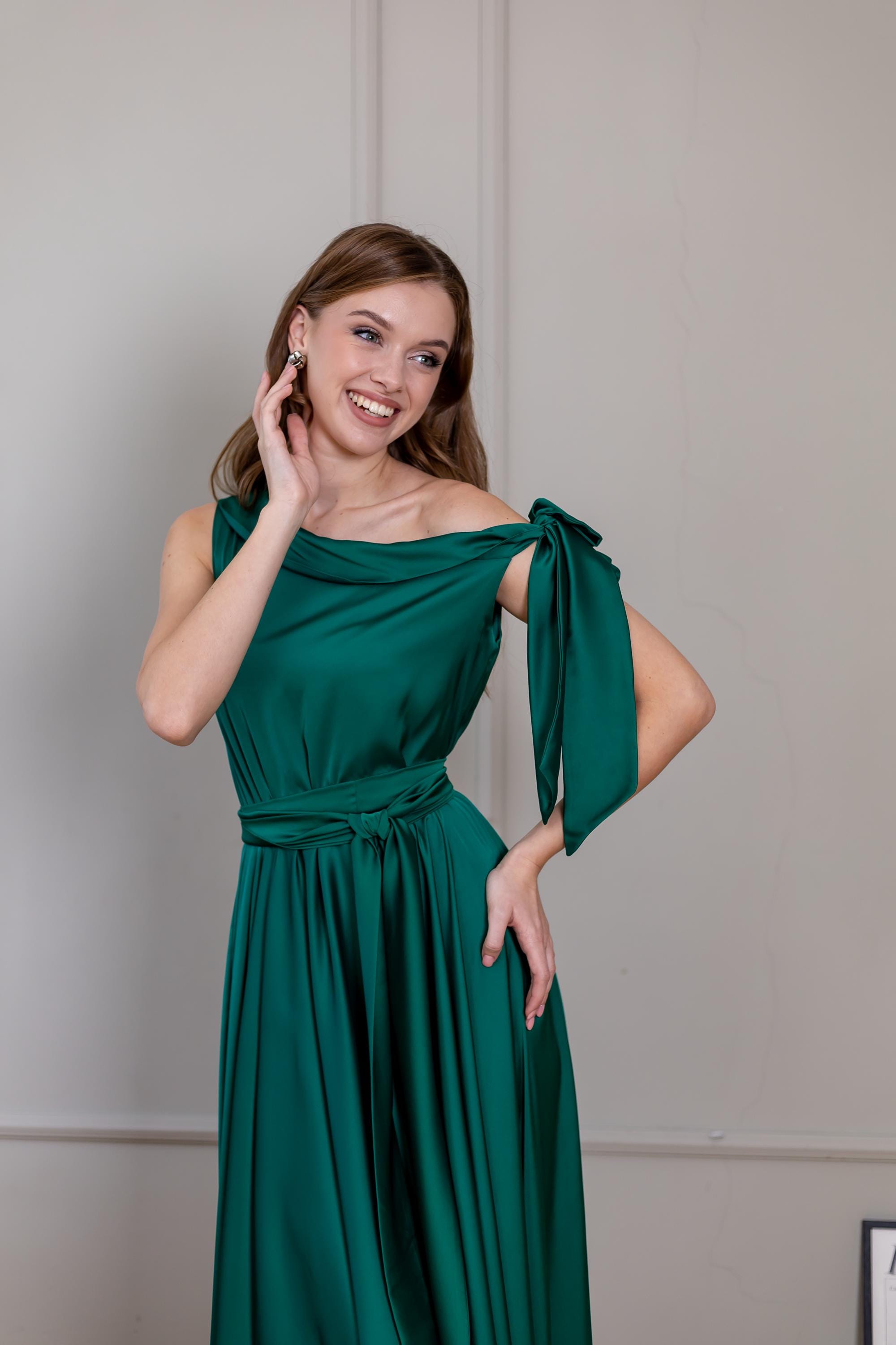 ワンショルダーガウン エメラルドグリーン イブニングドレス ティー