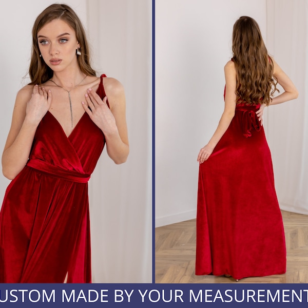 Robe de velours rouge Robe de velours de soirée avec fente Robe de femme élégante Robe de velours cousue sur mesure Robe de velours de séance photo Robe de velours sans manches