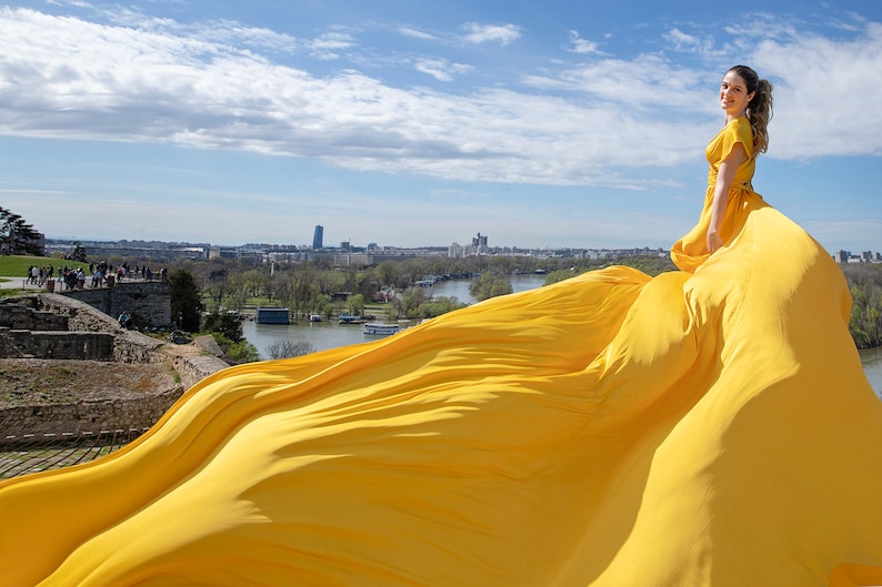 Flying dress Flowy dress Long flowy dress Yellow flying satin dress Flying dress for photoshoot Flowy maternity dress Long train dress image 4