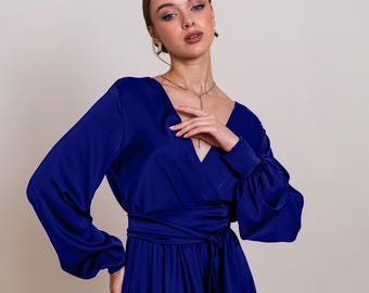 Suknie dla druhen w kolorze królewskiego błękitu, sukienka z długim rękawem, suknia dla gości weselnych, szyta na zamówienie, zwiewna sukienka maxi, suknia wieczorowa z głębokim dekoltem na plecach, długa sukienka z satyny z dekoltem w serek