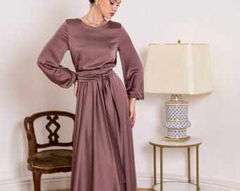 Abito da damigella modesto, abito con scollo a barca, abito in raso, manica lunga, abito per la madre della sposa, abito lungo fino al tè per donna, ospite di nozze