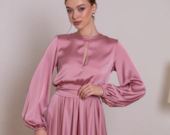 Satin Dress Long Sleeve Dresses For Women Wedding Guest Tea Length Bridesmaid Dress Rose Gold Cocktail Dress Elegant Unique Evening Dresses