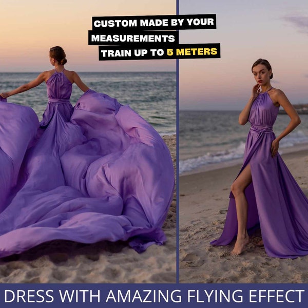 Flying dress for photoshoot Santorini flying dress Modest train dress Flowy satin dress Long tail dress Beach photoshoot dress Purple dress