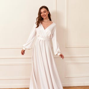 Long Sleeve Flowy Dress V-Neck Bridal Gown White Satin Reception Dress Bridal Dress For Civil Wedding Simple Long Dress For Wedding Party