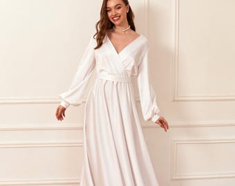 Long Sleeve Flowy Dress V-Neck Bridal Gown White Satin Reception Dress Bridal Dress For Civil Wedding Simple Long Dress For Wedding Party