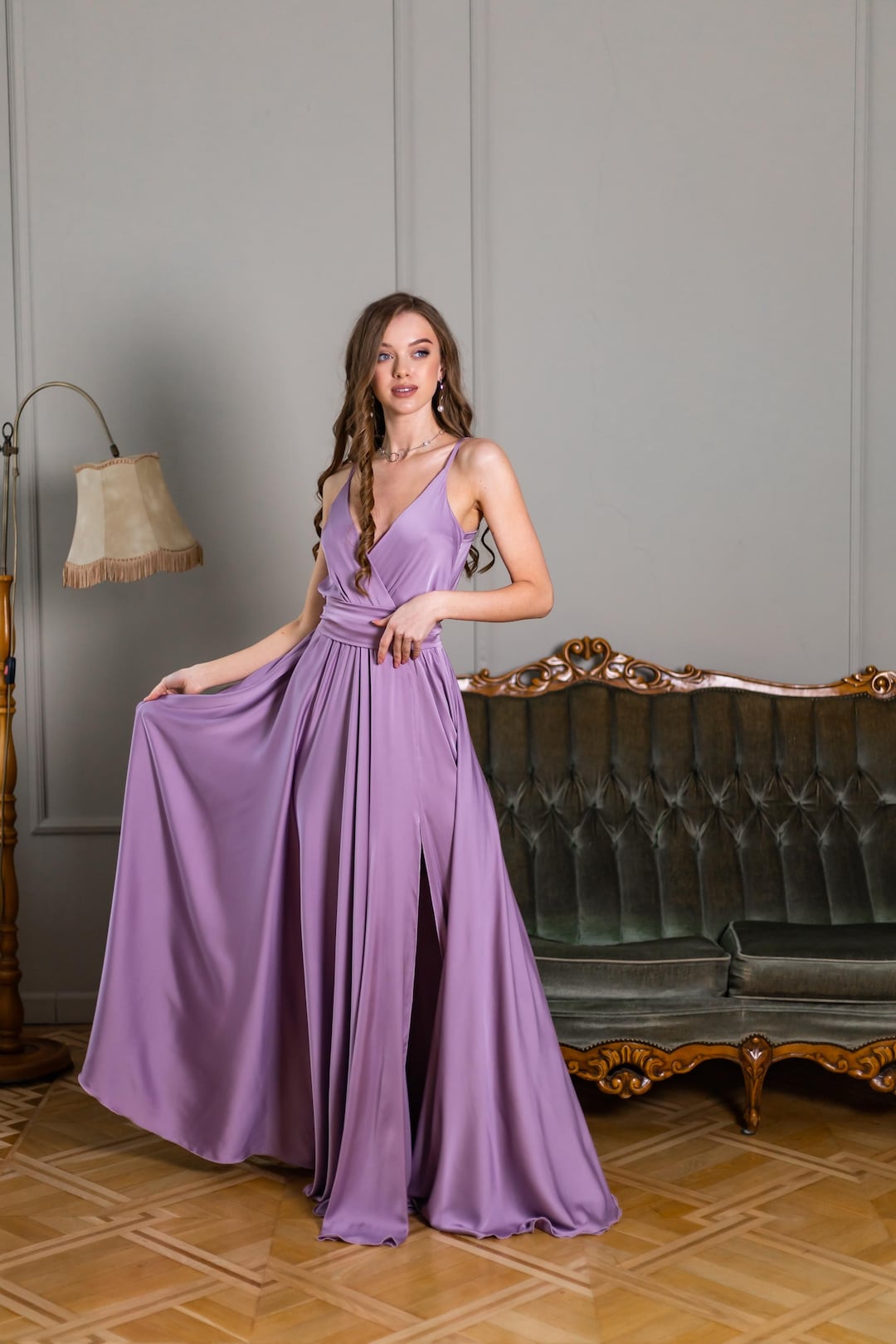 parties in spring satin maxi dress lilac Lavender Satin Dress for Garden Wedding Guests , Soft, romantic, and made for wedding season. This lavender satin maxi dress features a square neckline, structured corset-style bodice, flattering