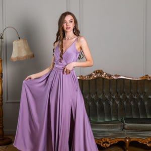 Lilac bridesmaid dress Open back dress  Evening dress long Wedding guest dress Flowing satin purple dress Maxi flared dress
