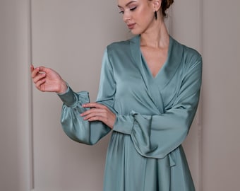 green satin blazer dress Satin wrap blazer dress - Green - Women