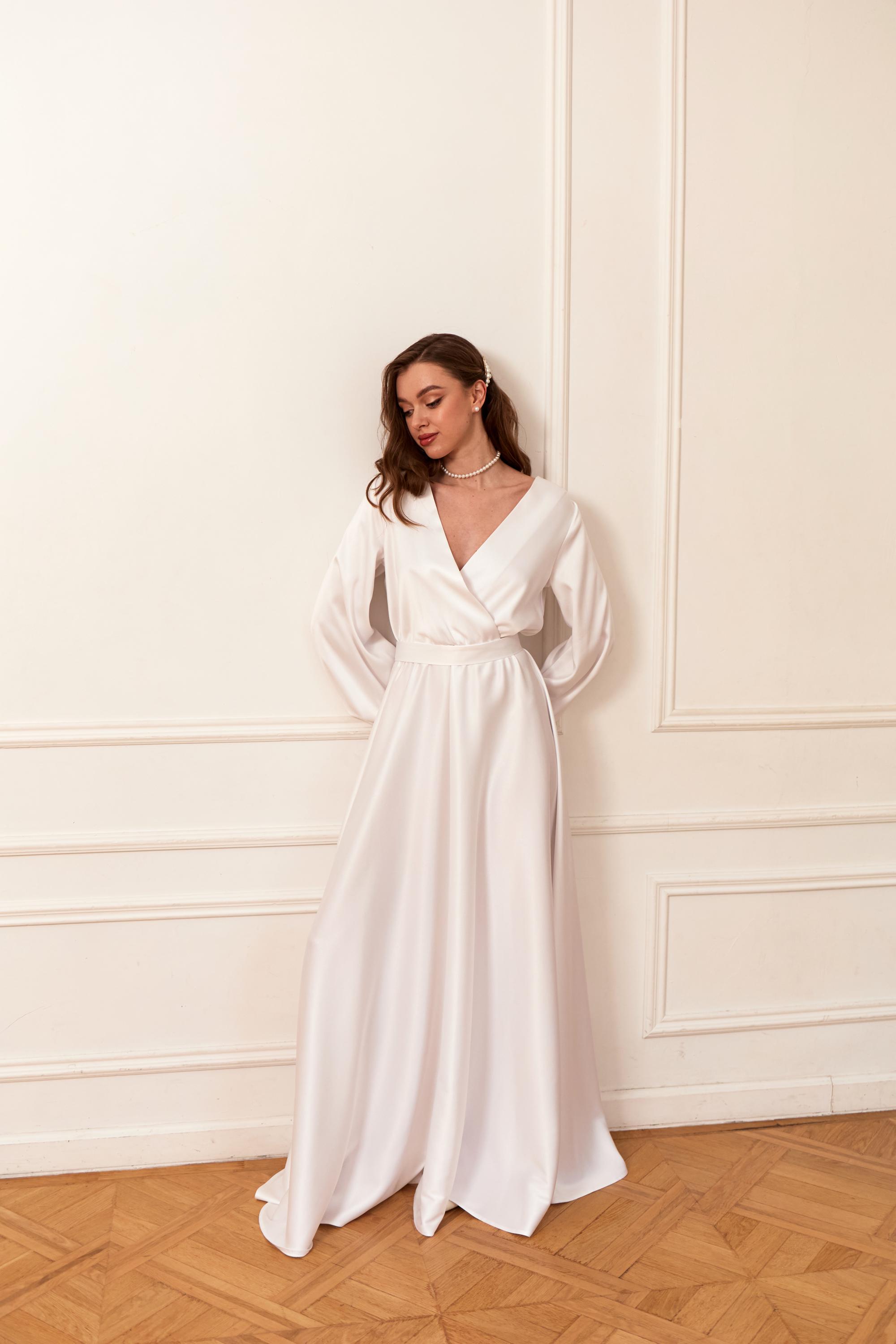 Wedding After Party Dress Long Sleeve Flowy Dress White Dress Women Bridal  Satin Reception Dress for Bride Open Back Engagement Dress - Etsy