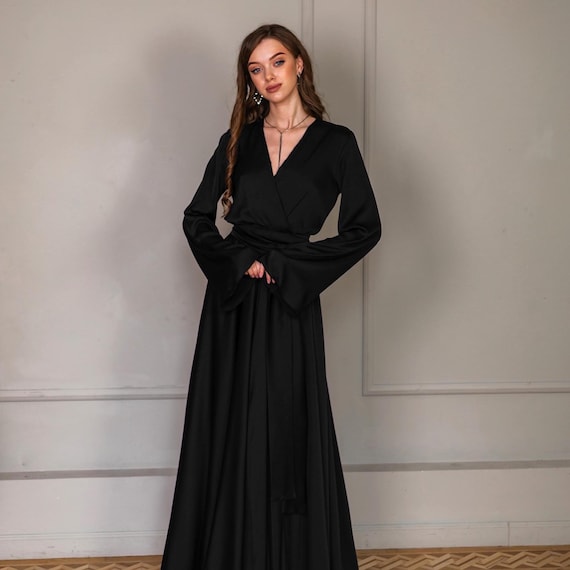 Long Black Dress V Neck Long Sleeve Satin Dress Bridesmaid Dress With Sleeve  Maxi Dress for Wedding Guest Formal Flared Maxi Dress - Etsy
