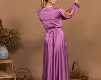 Różowa sukienka dla druhny z długim rękawem, długa, formalna suknia dla kobiety na wesele, satynowa sukienka z jedwabiu, zwiewna, elegancka sukienka koktajlowa