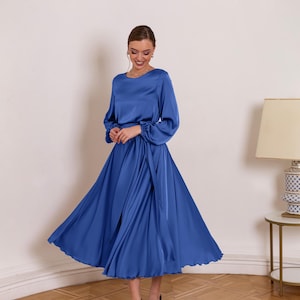 Bescheiden bruidsmeisjesjurk - midi-jurk bruiloftsgastjurk - satijnblauwe bruidsmeisjesjurk - cocktailjurk m/l blauw - gelegenheidsjurk