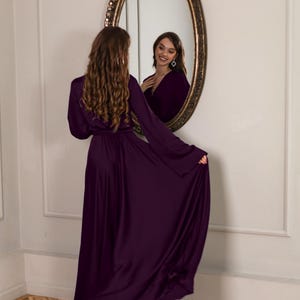 V Neck Long Sleeve Satin Dress Royal Purple Bridesmaid Dress Formal Dresses For Mother Of Bride Wedding Guest Gown Maxi Long Evening Dress