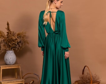 Satynowa sukienka z odkrytymi plecami, szmaragdowozielona, wieczorowa, zwiewna sukienka z długim rękawem, sukienka dla druhny z rękawami, sukienka dla kobiety, gościa weselnego