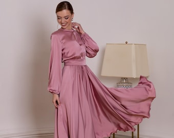 Rose Gold Midi Dress - Tea Length Bridesmaid Dress - Wedding Guest Dress Long Sleeve - Petite Evening Dress - Occasion Dress